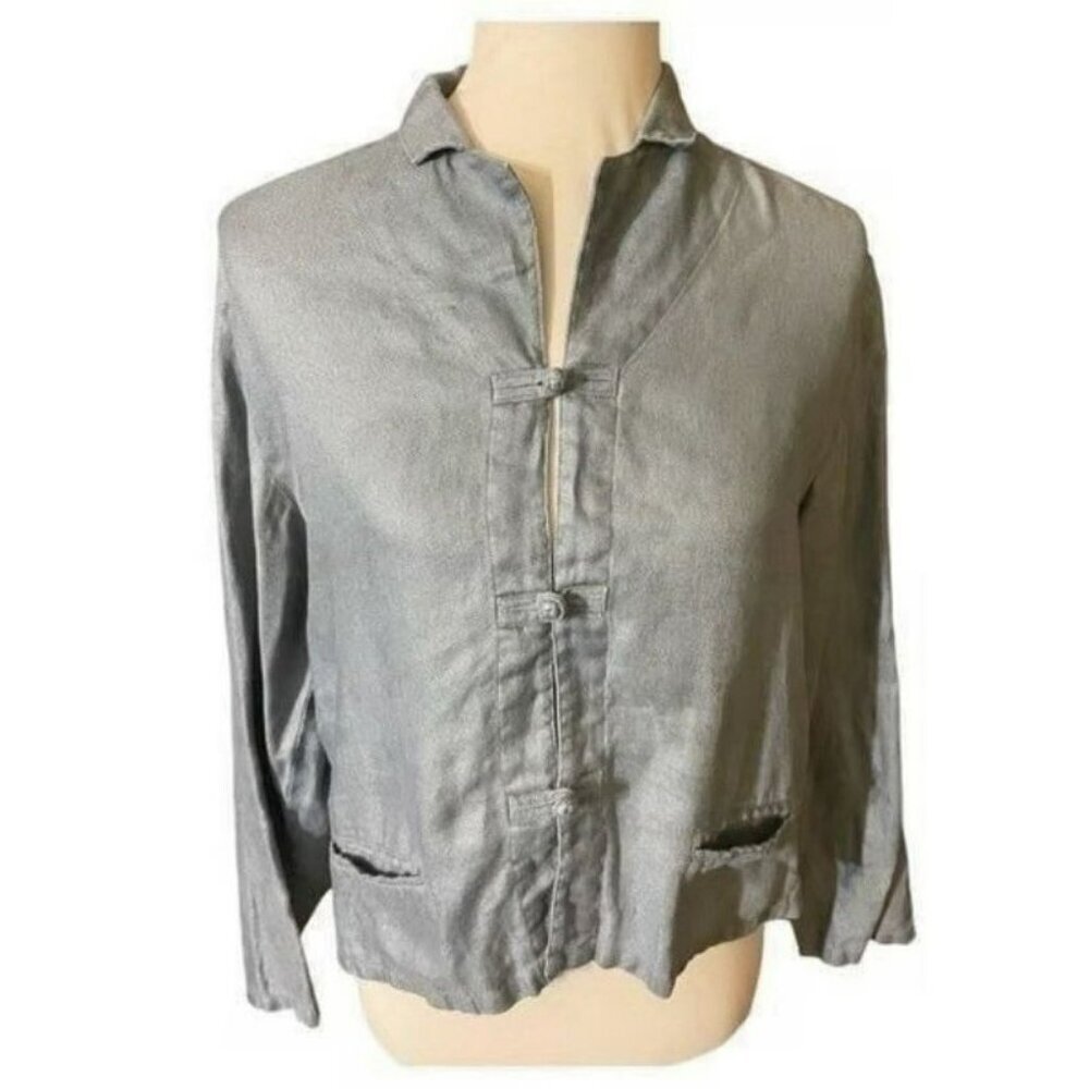 J. Jill Shacket Womens 1X Linen Toggle Button Down‎ Long Sleeve Slate Blue
